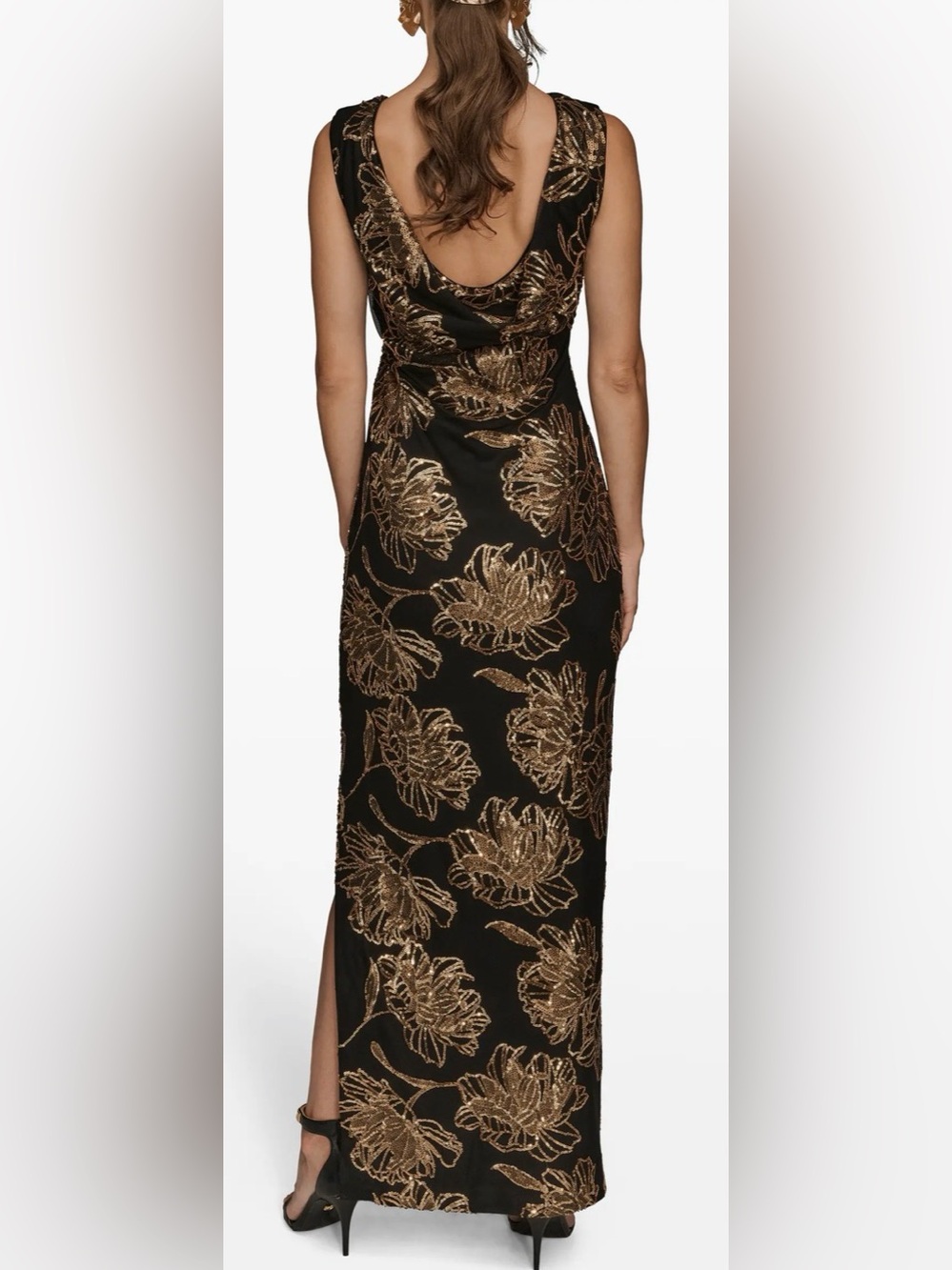 NEW Donna Karan New York Embellished Crew Neck Black gold Ball Gown Sz 6 - Picture 2 of 10